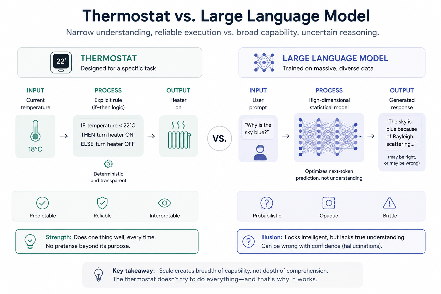 Side-by-side infographic comparing a thermostat and a large language model: the thermostat uses explicit rules for predictable, reliable output, while the LLM uses probabilistic pattern matching for broad capability but opaque, brittle reasoning, illustrating capability versus comprehension.