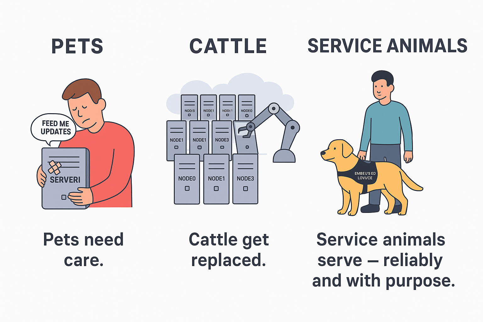 A three-part illustration comparing system management metaphors: 1. Pets: a person holding a bandaged server labeled 'SERVER1' with 'FEED ME UPDATES,' representing high-maintenance embedded environments. 2. Cattle: a robotic arm replacing identical servers (NODE1, NODE2, NODE3), symbolizing disposable DevOps infrastructure. 3. Service Animals: a trained service dog in a vest labeled 'EMBED'S ED LOV/ICE,' illustrating containerized embedded systems as reliable and purpose-built. Captions reinforce that pets need care, cattle get replaced, and service animals serve reliably.