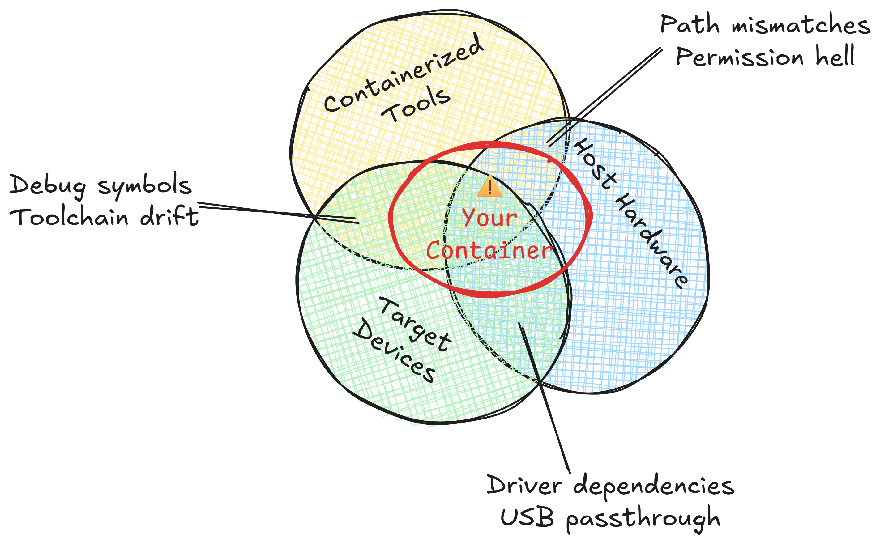A Venn diagram illustrating the three intersecting environments in containerized embedded development: 1. Containerized Tools (e.g., compilers, build systems), 2. Host Hardware (e.g., JTAG probes, USB devices, /dev), 3. Target Devices (e.g., MCUs, bootloaders). Overlaps show friction points like path mismatches (Tools/Host), driver dependencies (Host/Target), and debug symbols (Tools/Target). A warning symbol at the center indicates the container must bridge these heterogeneous worlds.